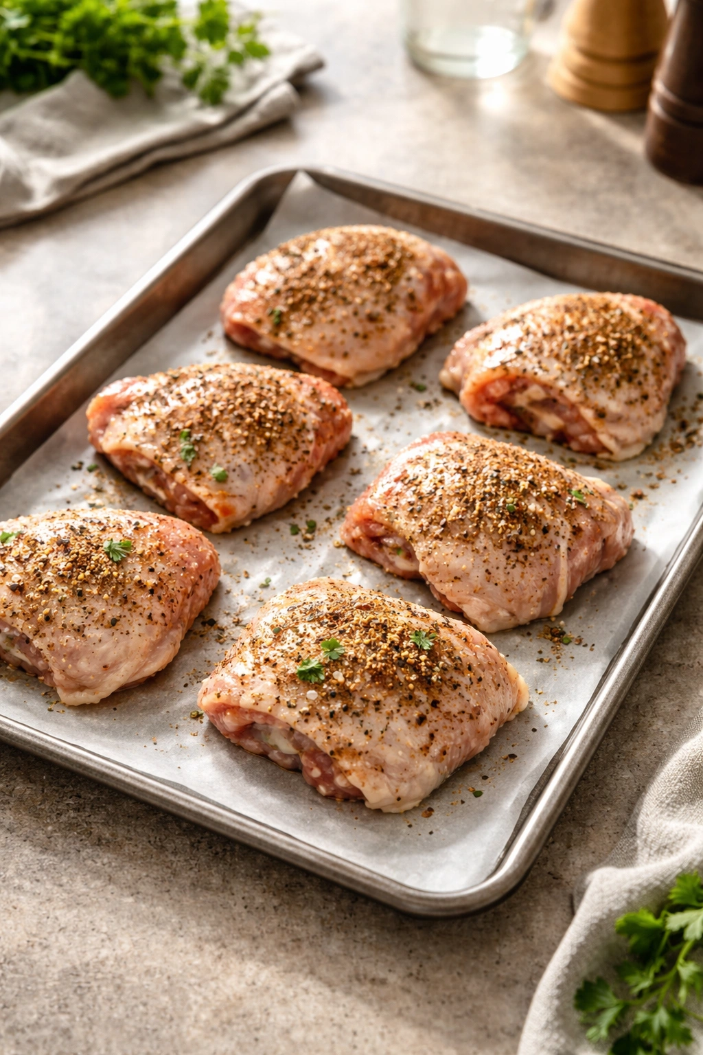 Seasoned chicken thighs resting on parchment-lined tray at room temperature