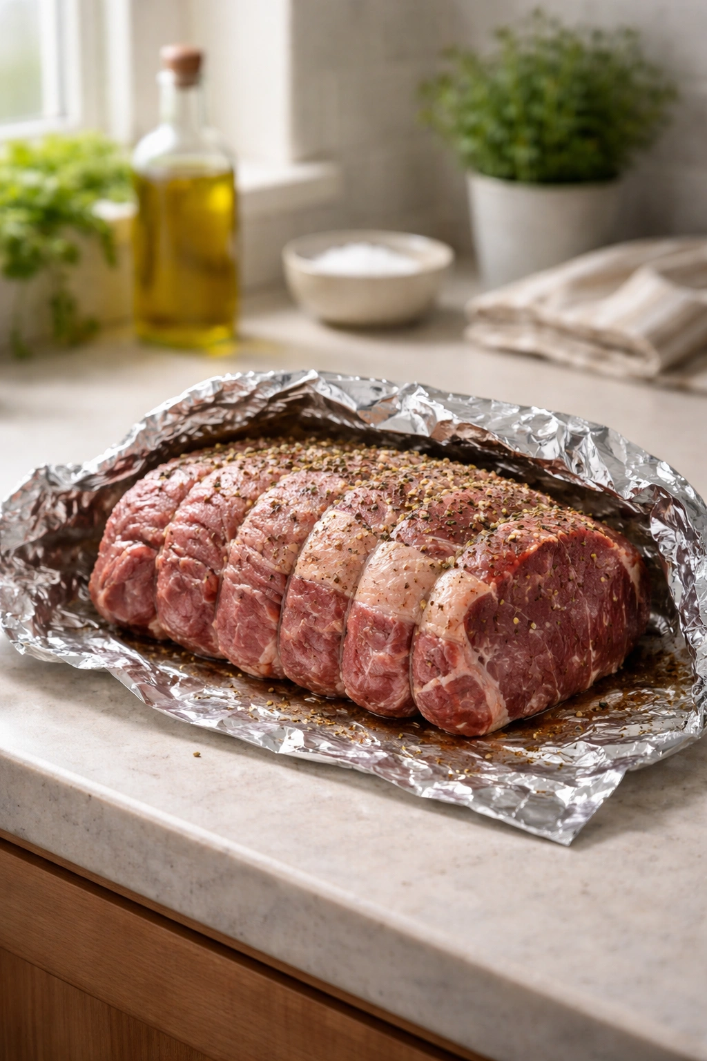 Roast beef resting on a counter under loose foil