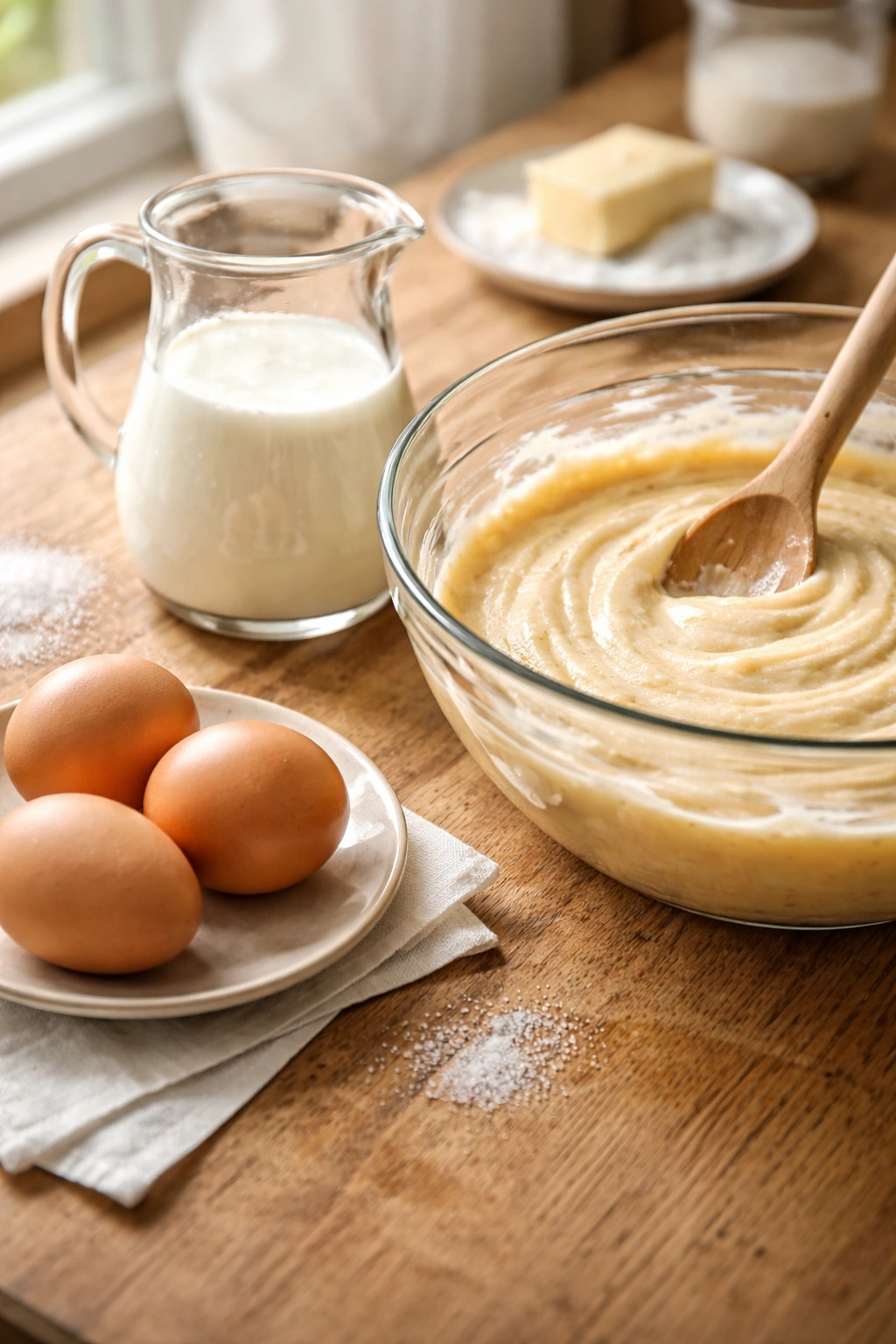 Eggs and buttermilk alongside batter at room temperature