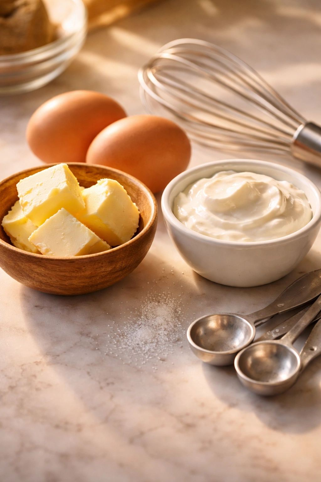 Room-temperature ingredients laid out for muffin batter prep on a clean kitchen counter