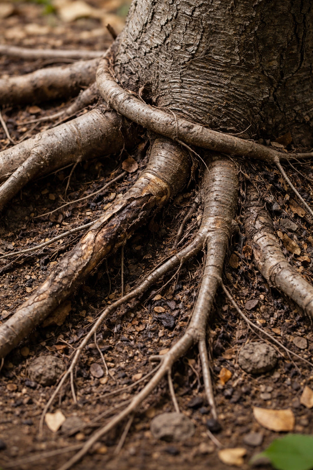 Maple tree roots showing girdling and damage near trunk