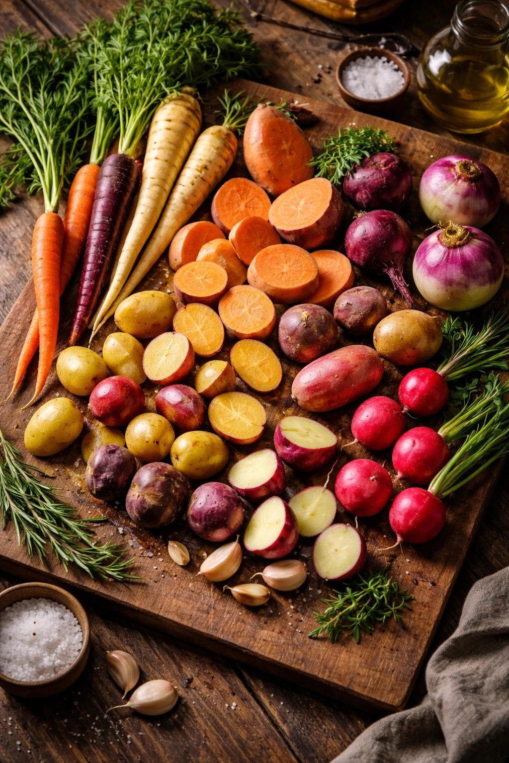 Close-up of assorted root vegetables on a wooden board, ready for roasting