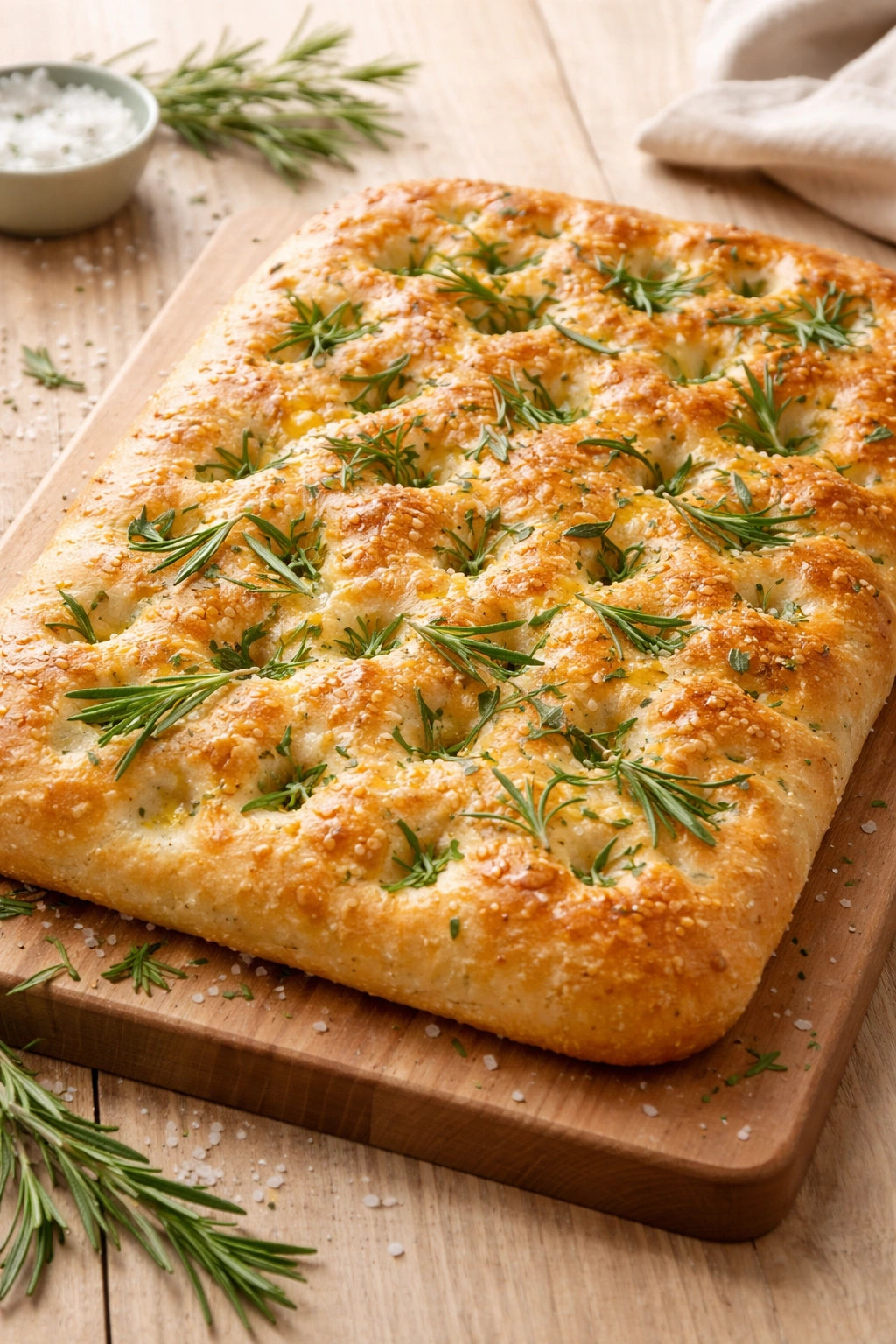 Focaccia with Rosemary and Sea Salt on a wooden table