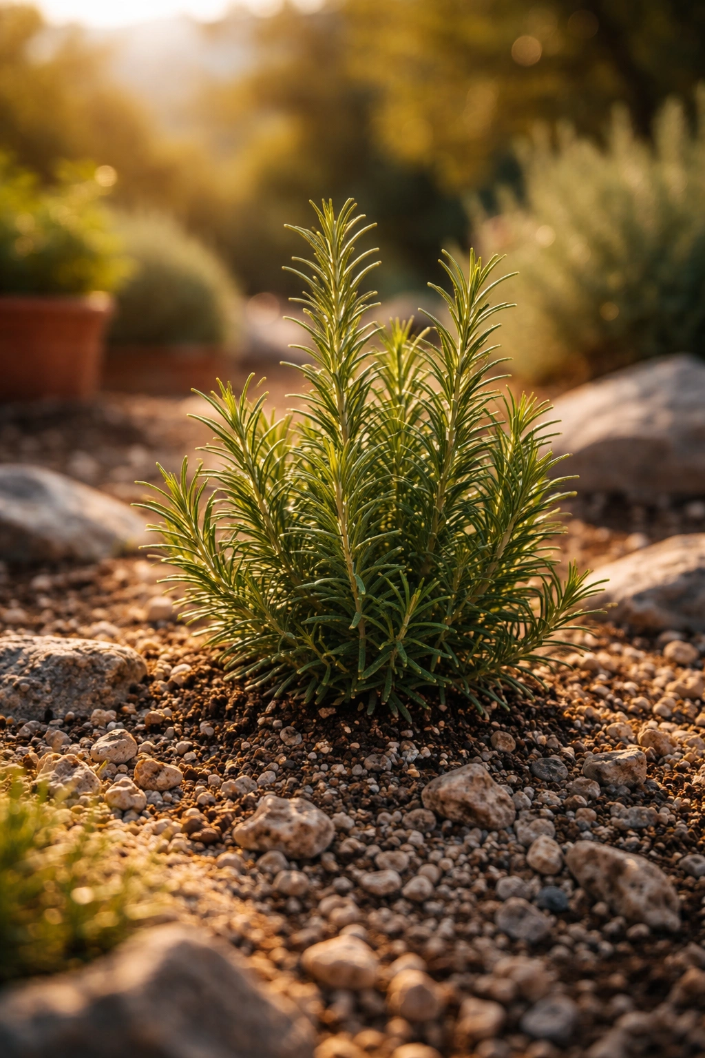 Close-up of a single rosemary plant in rocky soil under bright sun, illustrating ideal herb location.