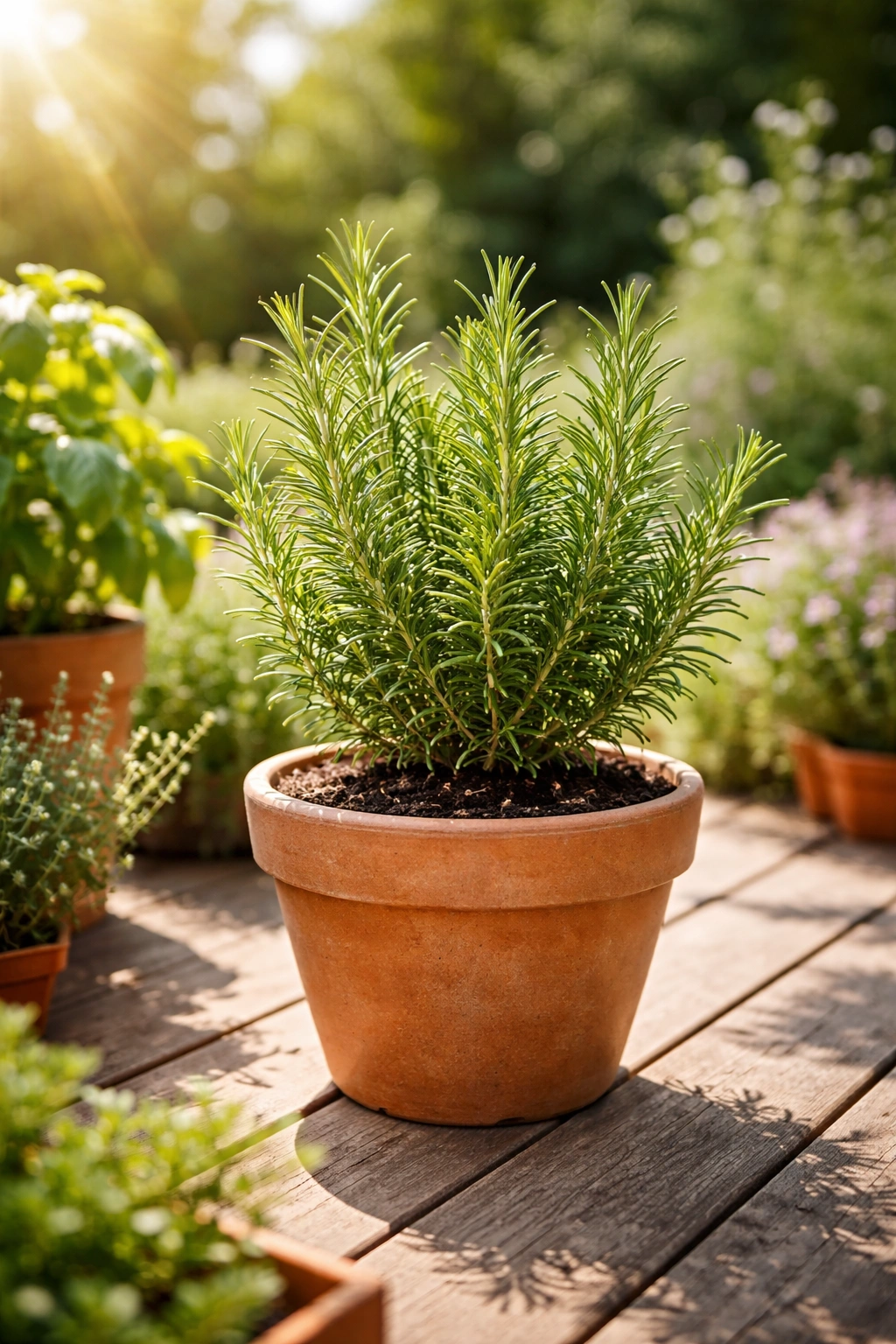 Rosemary plant in a pot under direct sun illustrating herb sunlight requirements