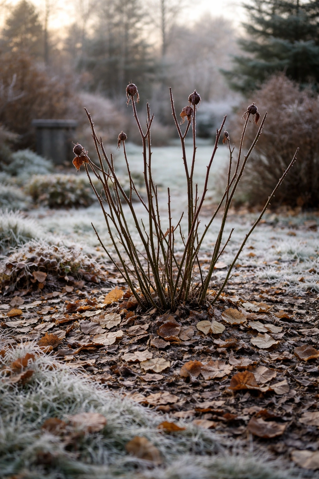 Dormant rose bush with bare canes and fallen leaves