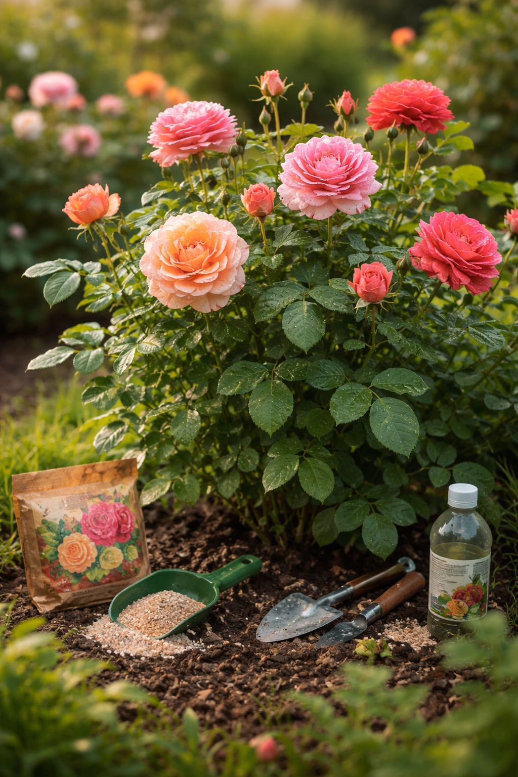 Healthy rose plant with lush foliage and abundant blooms