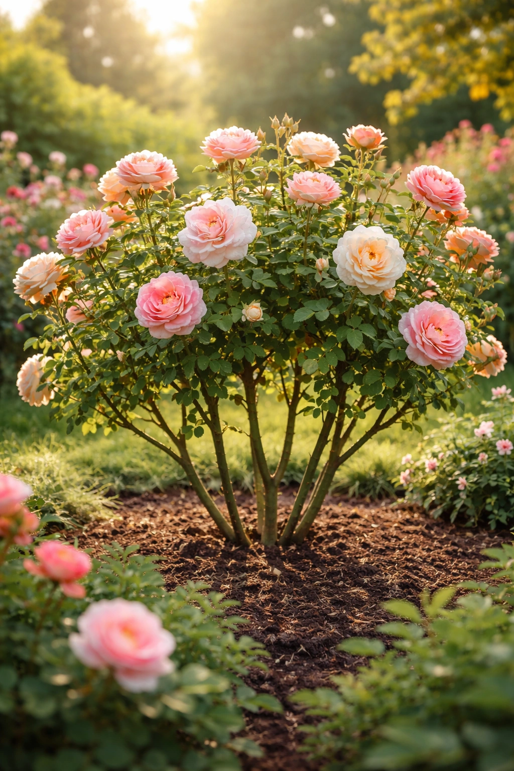 Pruned rose bush with open center and abundant blooms