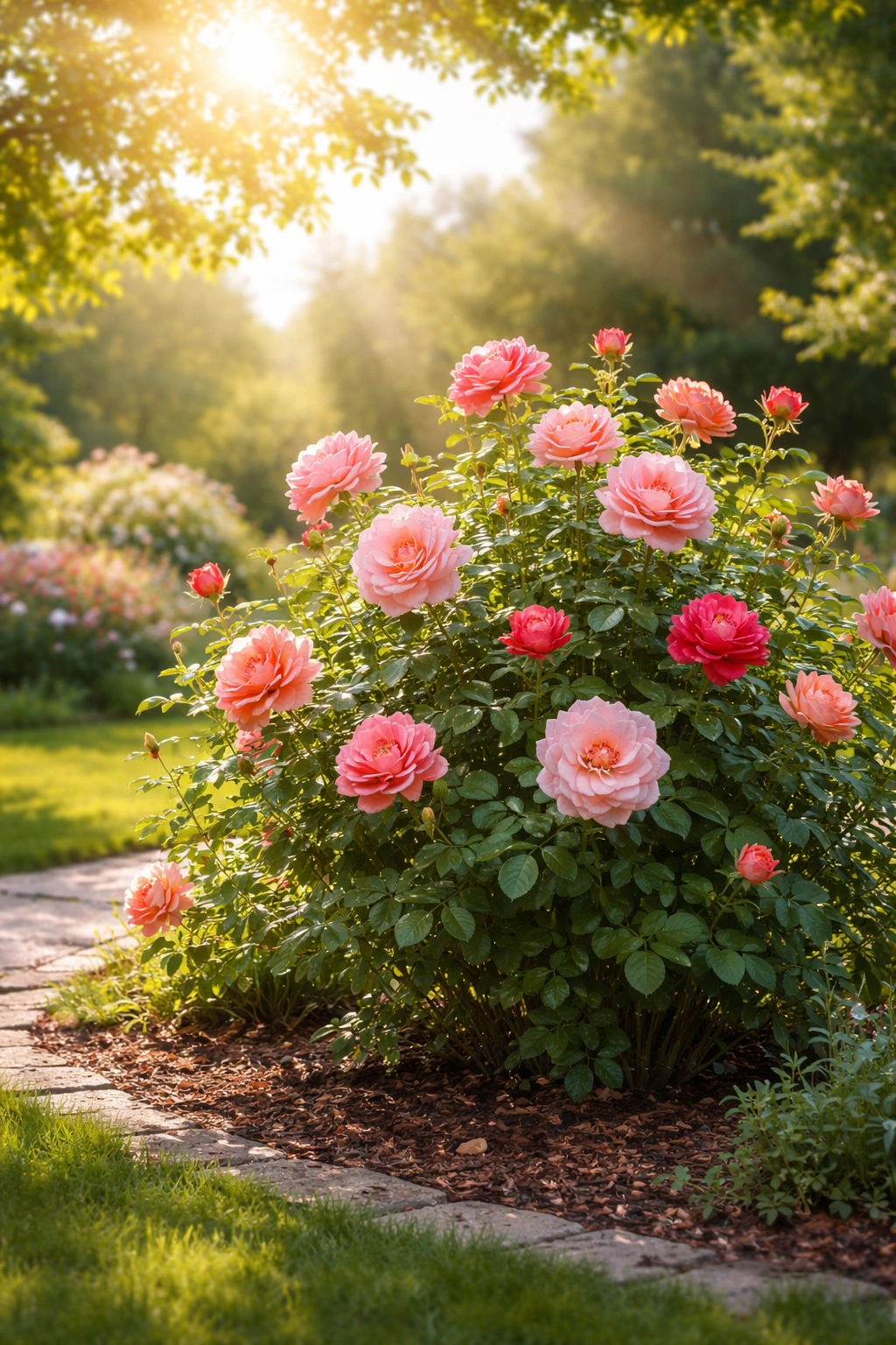 Rose bush thriving in a sunlit garden border with bright blooms