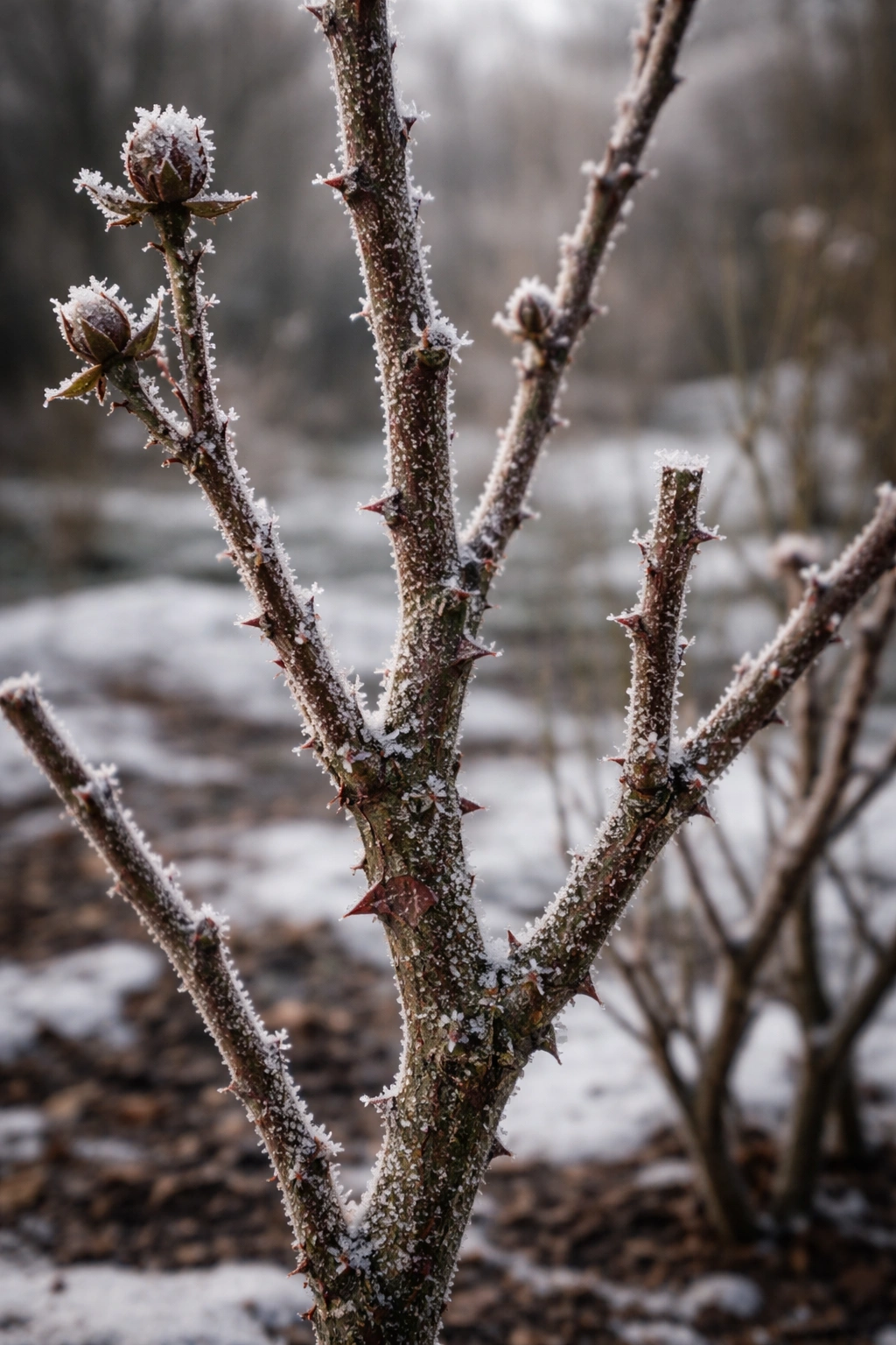 Frosted rose canes in a winter garden, illustrating winter challenges