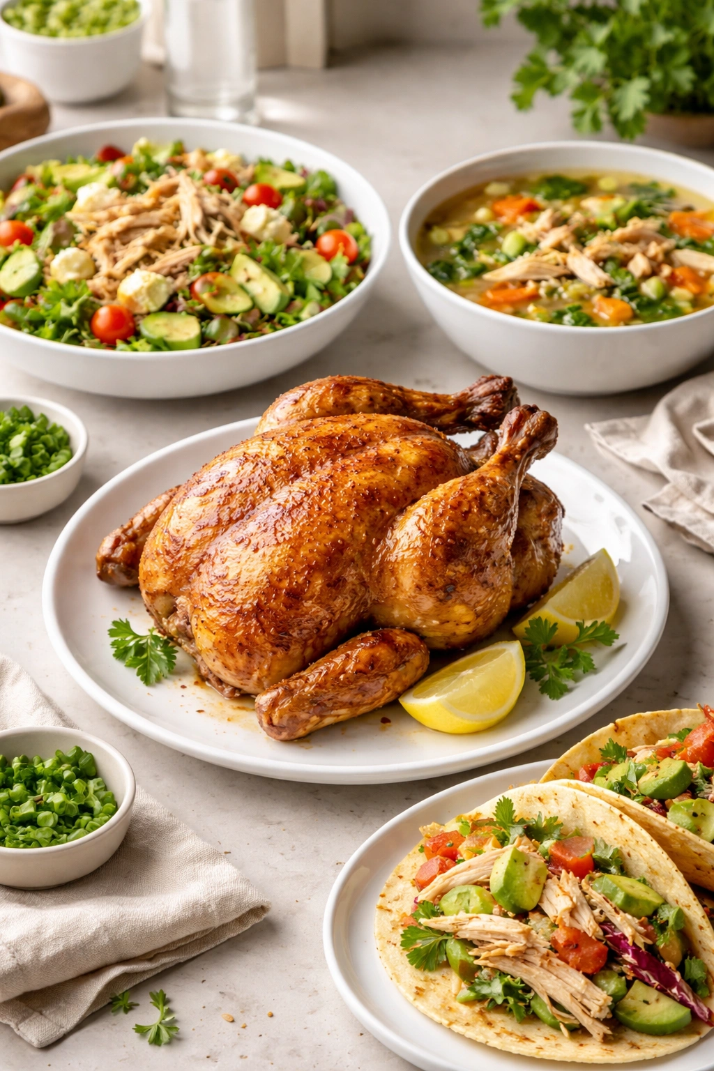 Rotisserie chicken on plain plate, ready for two dinners