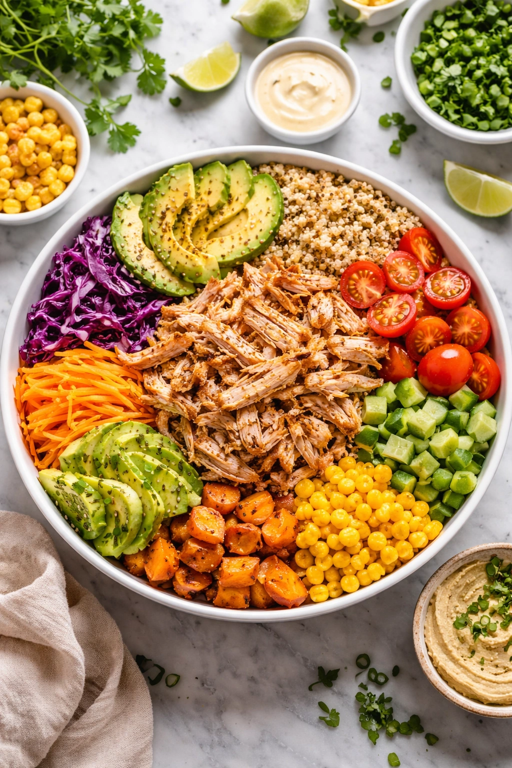 Colorful plate showing variety of chicken-based lunch ideas