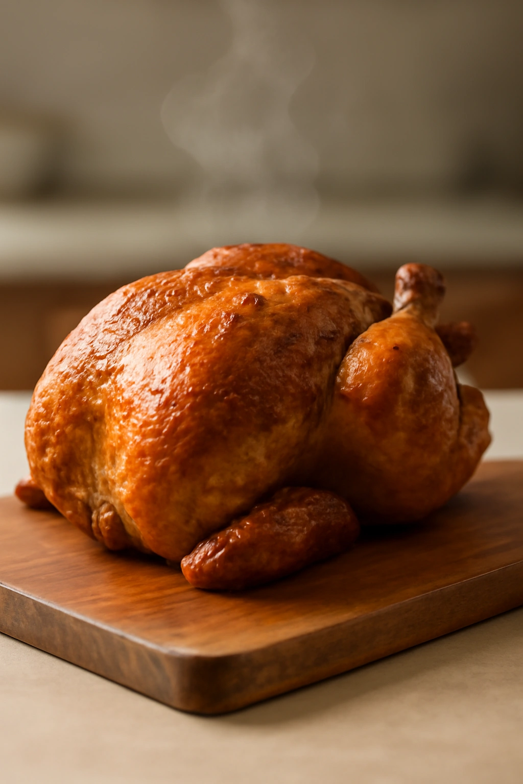 Rotisserie chicken on cutting board, warm kitchen lighting, ready to shred for quick meals