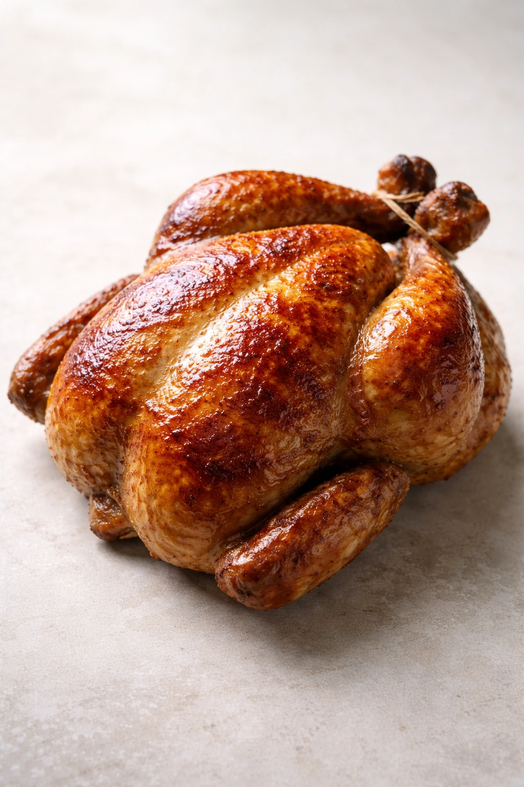 Close-up of rotisserie chicken with golden skin on a neutral background