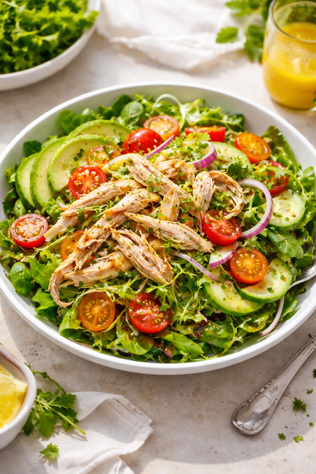 Shredded rotisserie chicken salad with greens and citrus dressing in a bowl