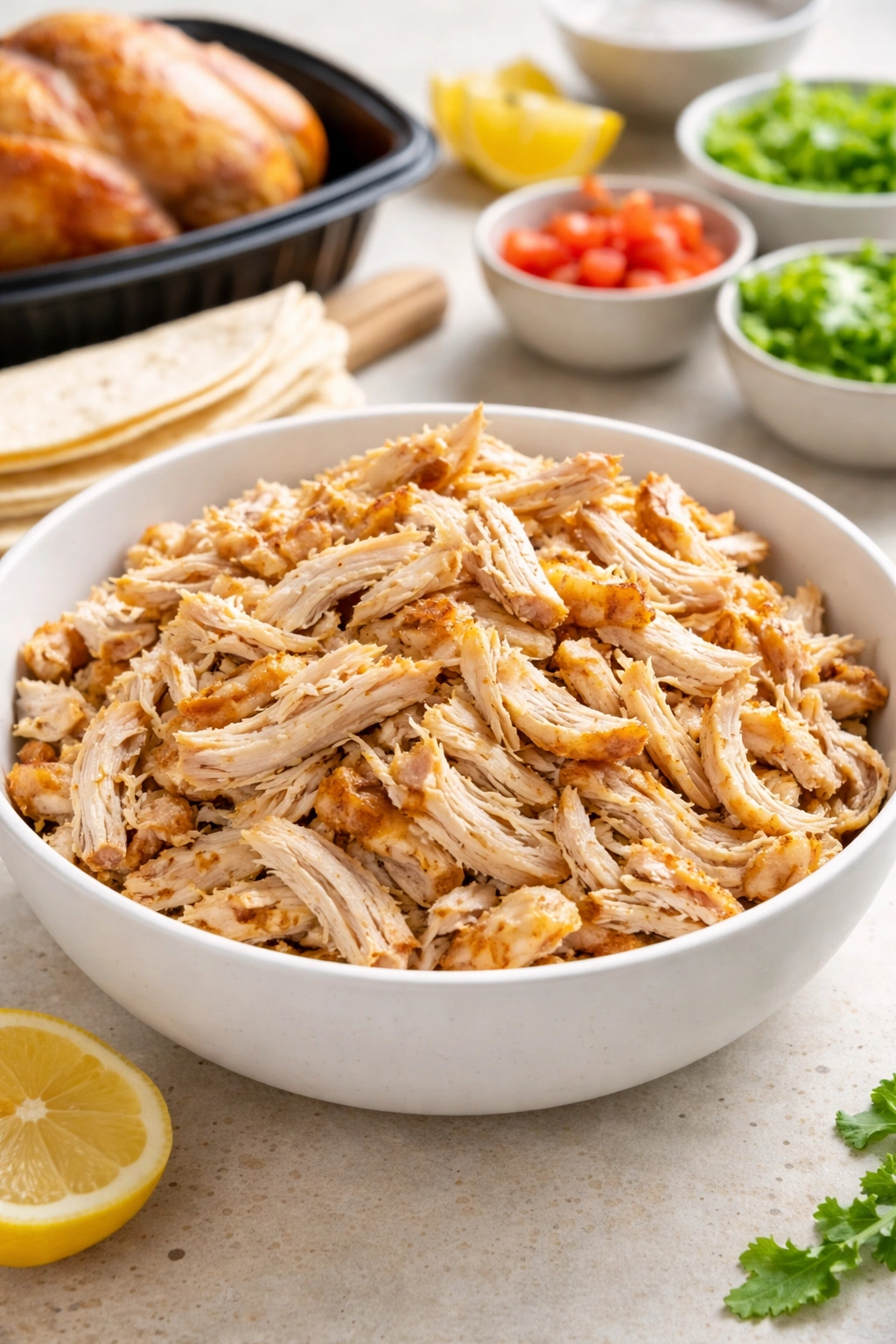 Shredded rotisserie chicken in a bowl ready for wraps