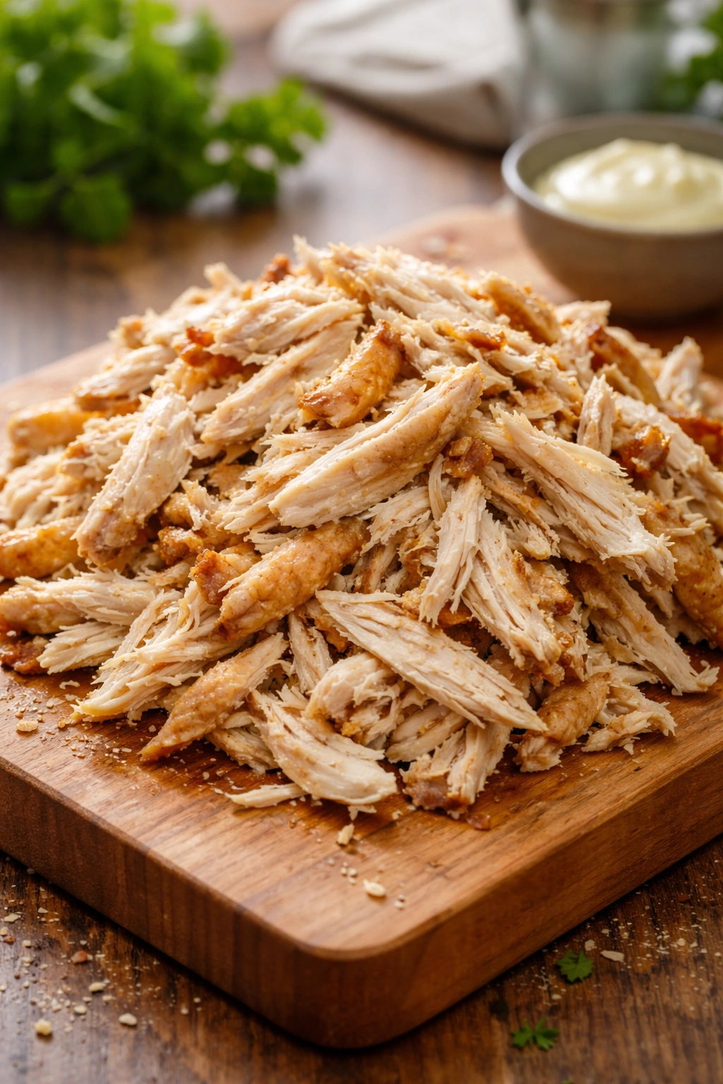 Shredded rotisserie chicken on a cutting board