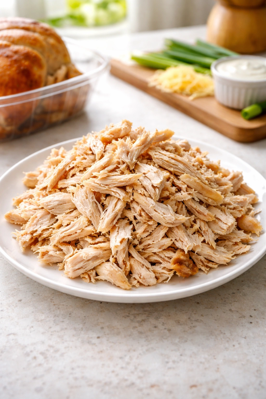 Shredded rotisserie chicken on a plate ready for casserole