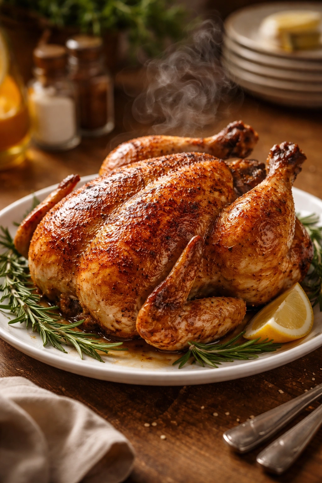 Golden rotisserie chicken on a platter with steam