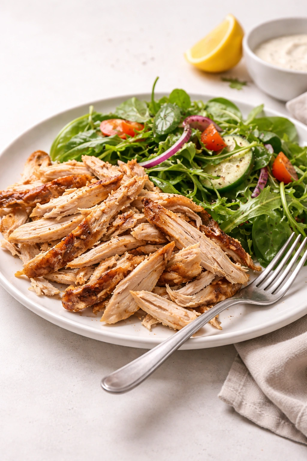 Minimal plate of shredded rotisserie chicken with greens
