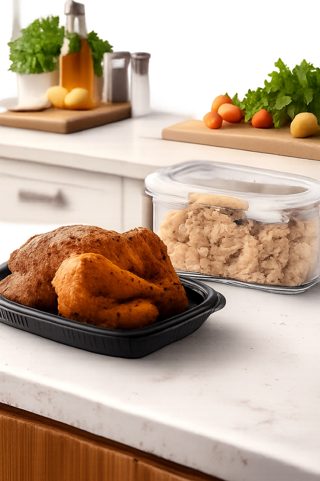 Rotisserie chicken with storage container on kitchen counter