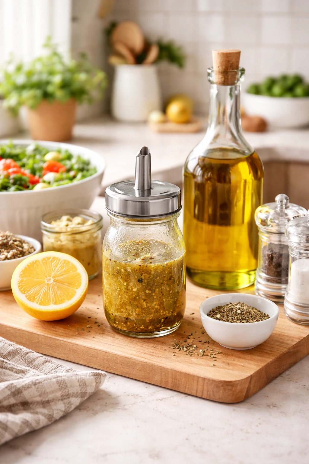 Dressing jar on a kitchen countertop suggesting routine usage