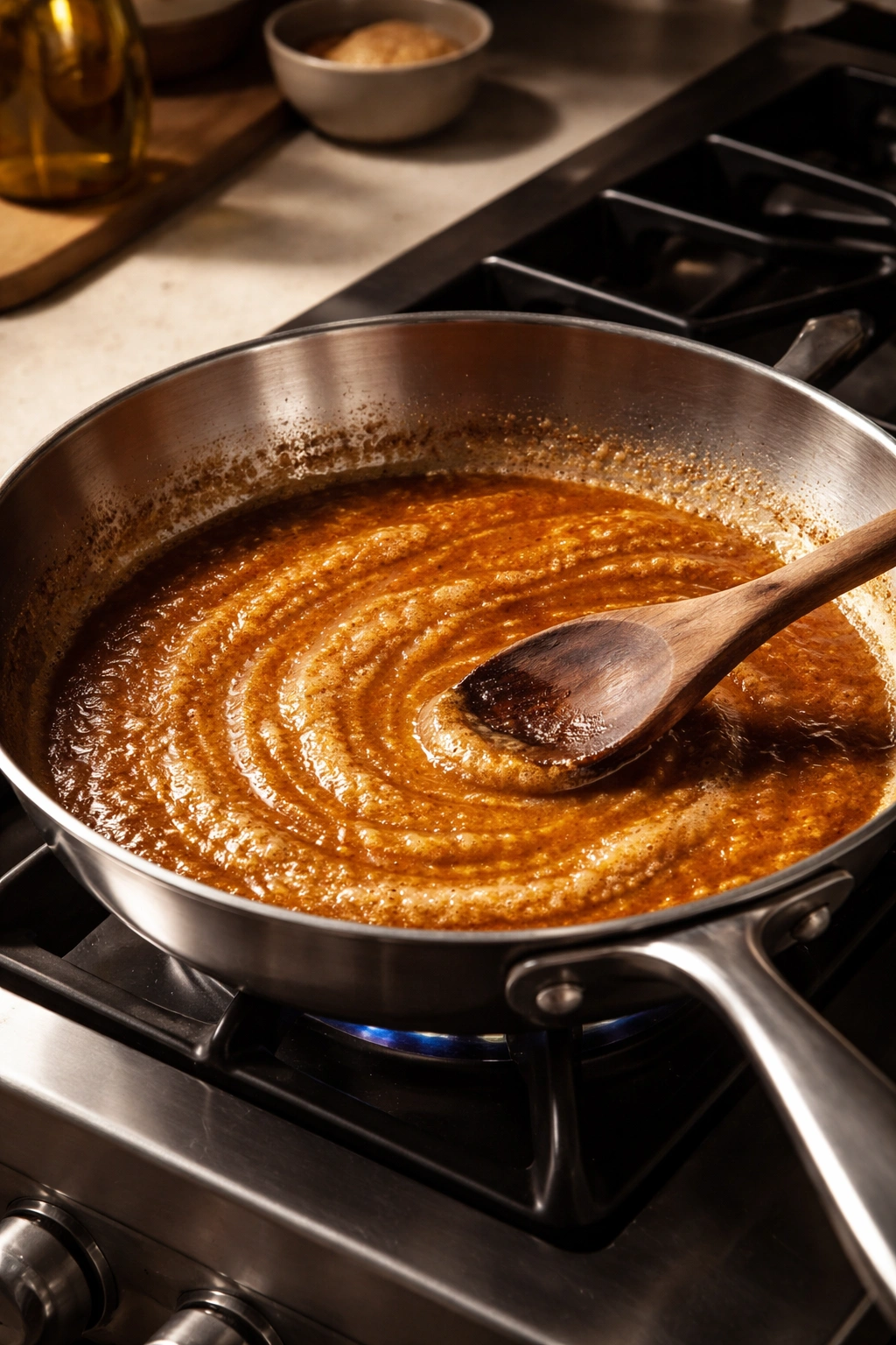 Golden-brown roux cooking in a pan on a stove