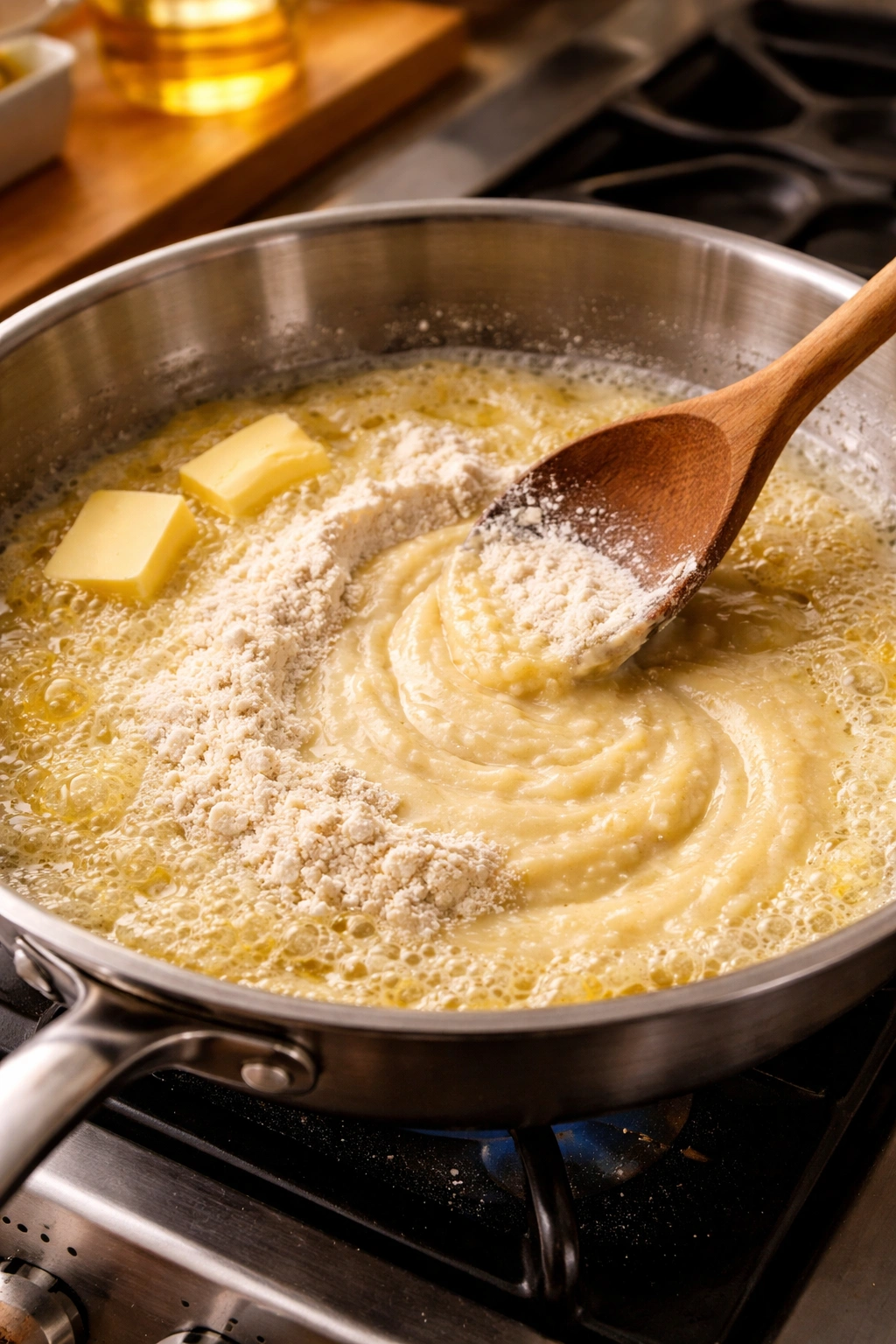 Butter and flour forming a pale roux in a pan