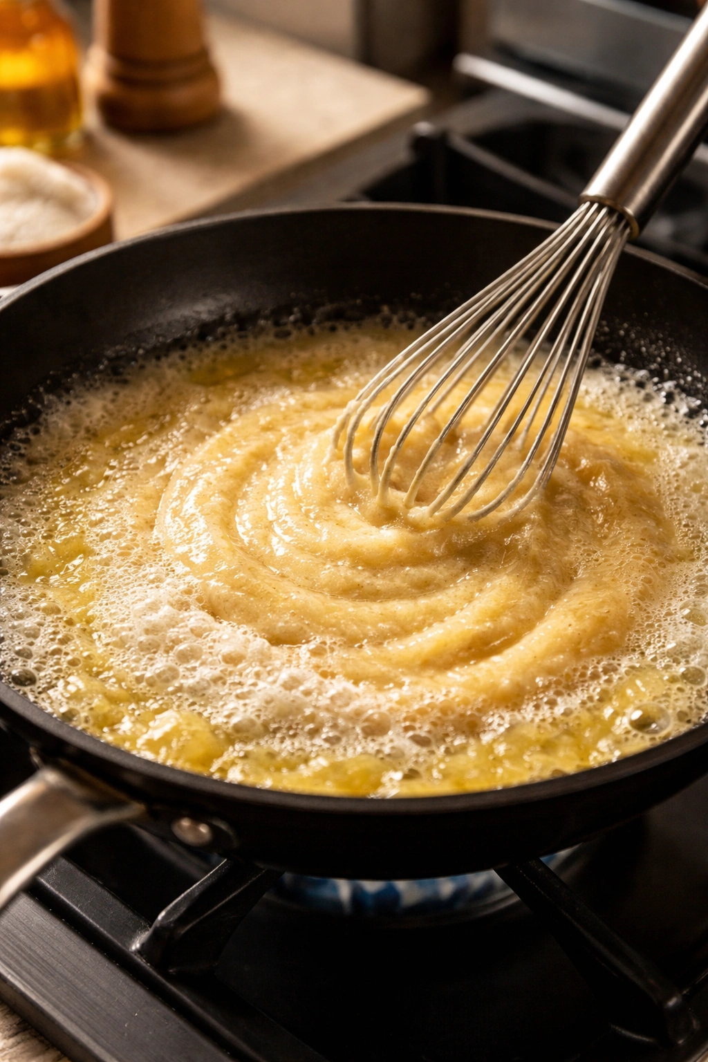 Close-up of a small skillet with foaming butter and whisked flour forming a golden roux on the stove