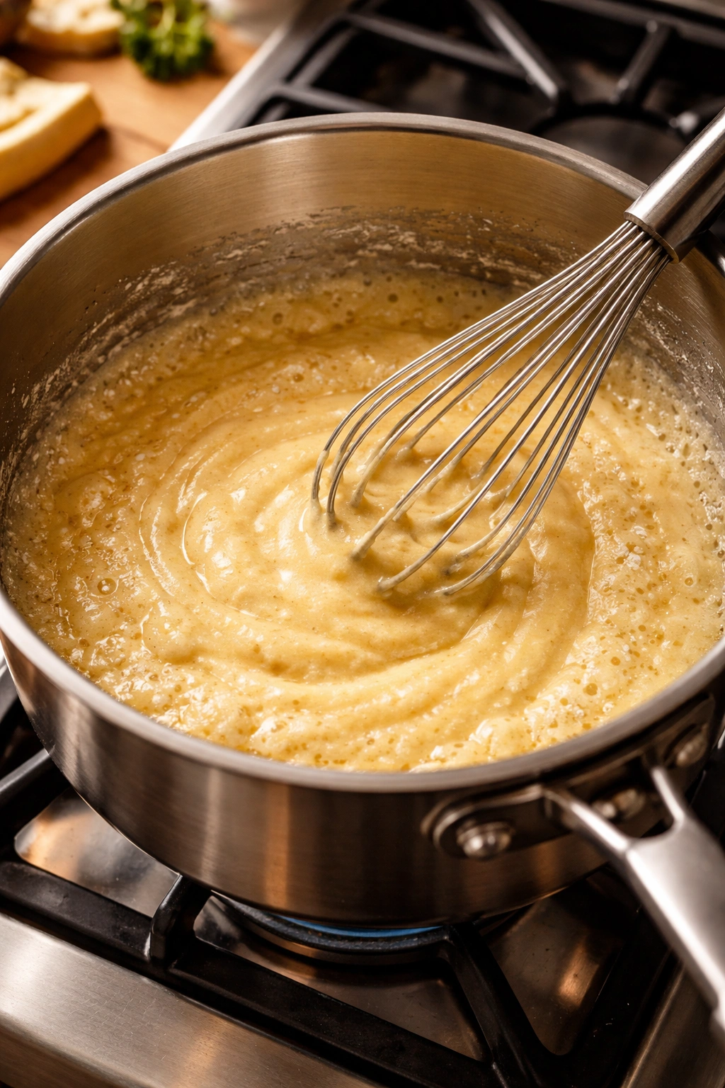 Roux forming in pot with butter and flour being whisked
