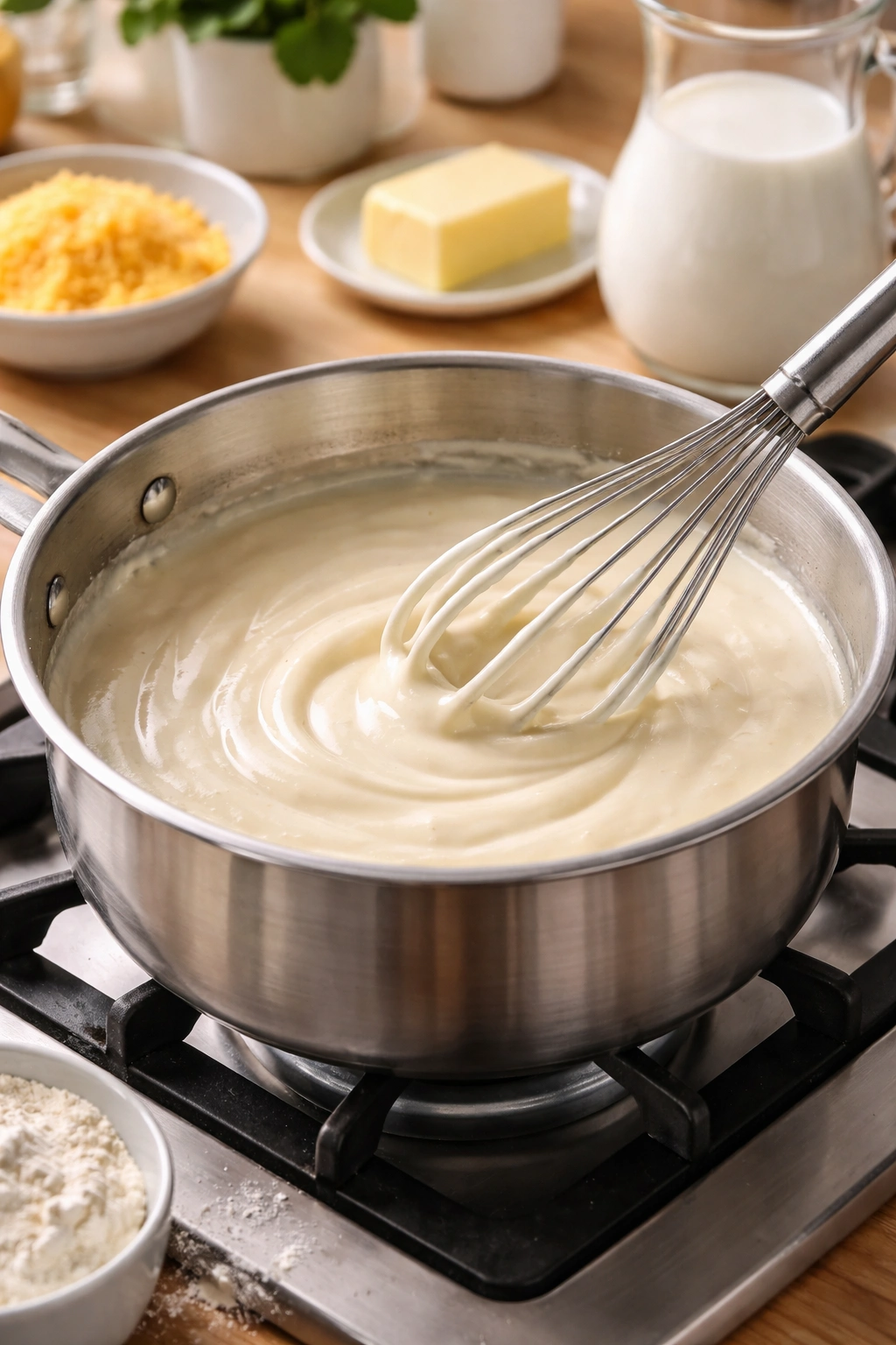 Whisking roux-based cream sauce in a stovetop saucepan