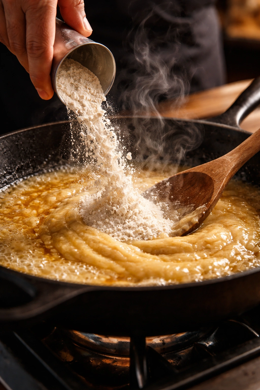 Golden roux forming in a pan with fat and flour ratio 1:1