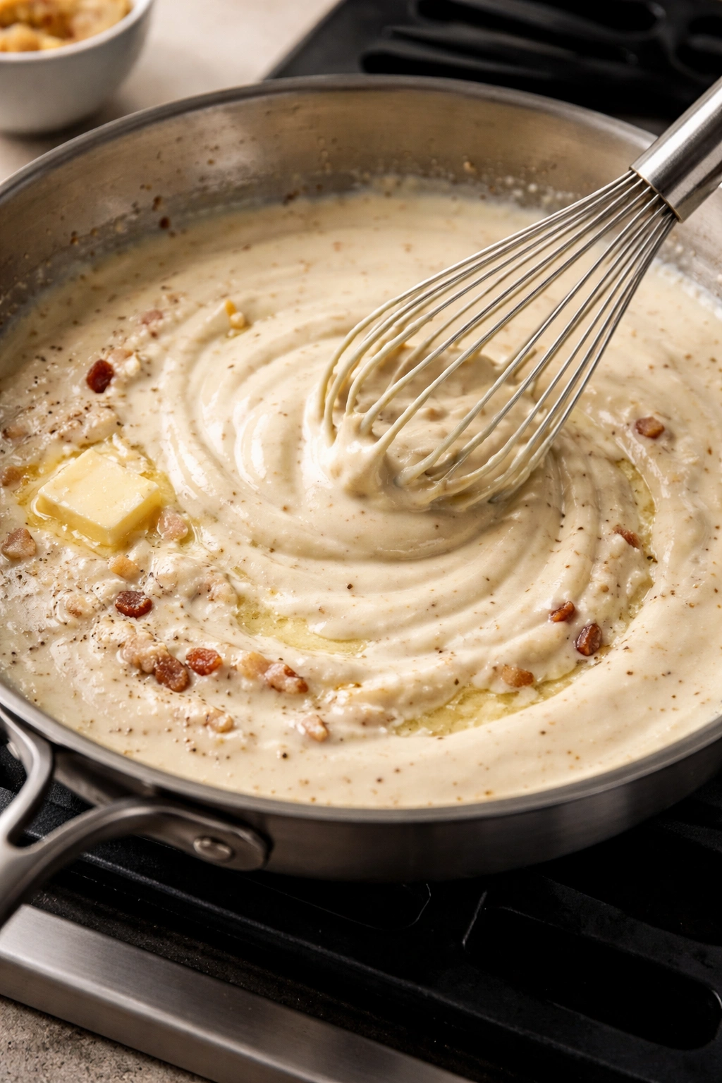 Creamy roux-based sauce being whisked in a pan.