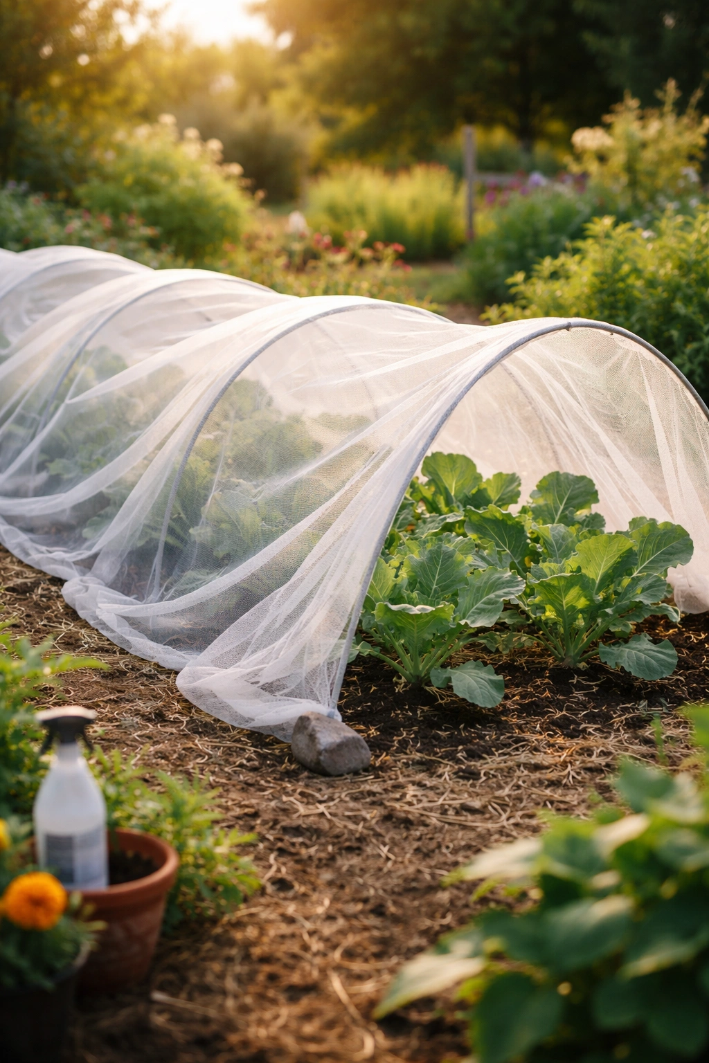 Row covers over brassica seedlings in a garden bed