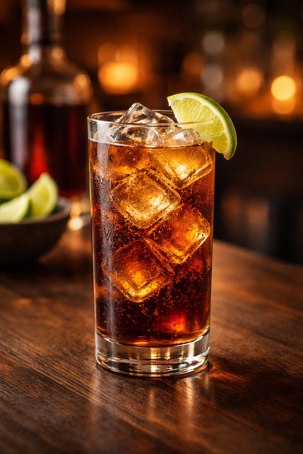 Close-up of amber rum and cola highball with lime wedge on rim