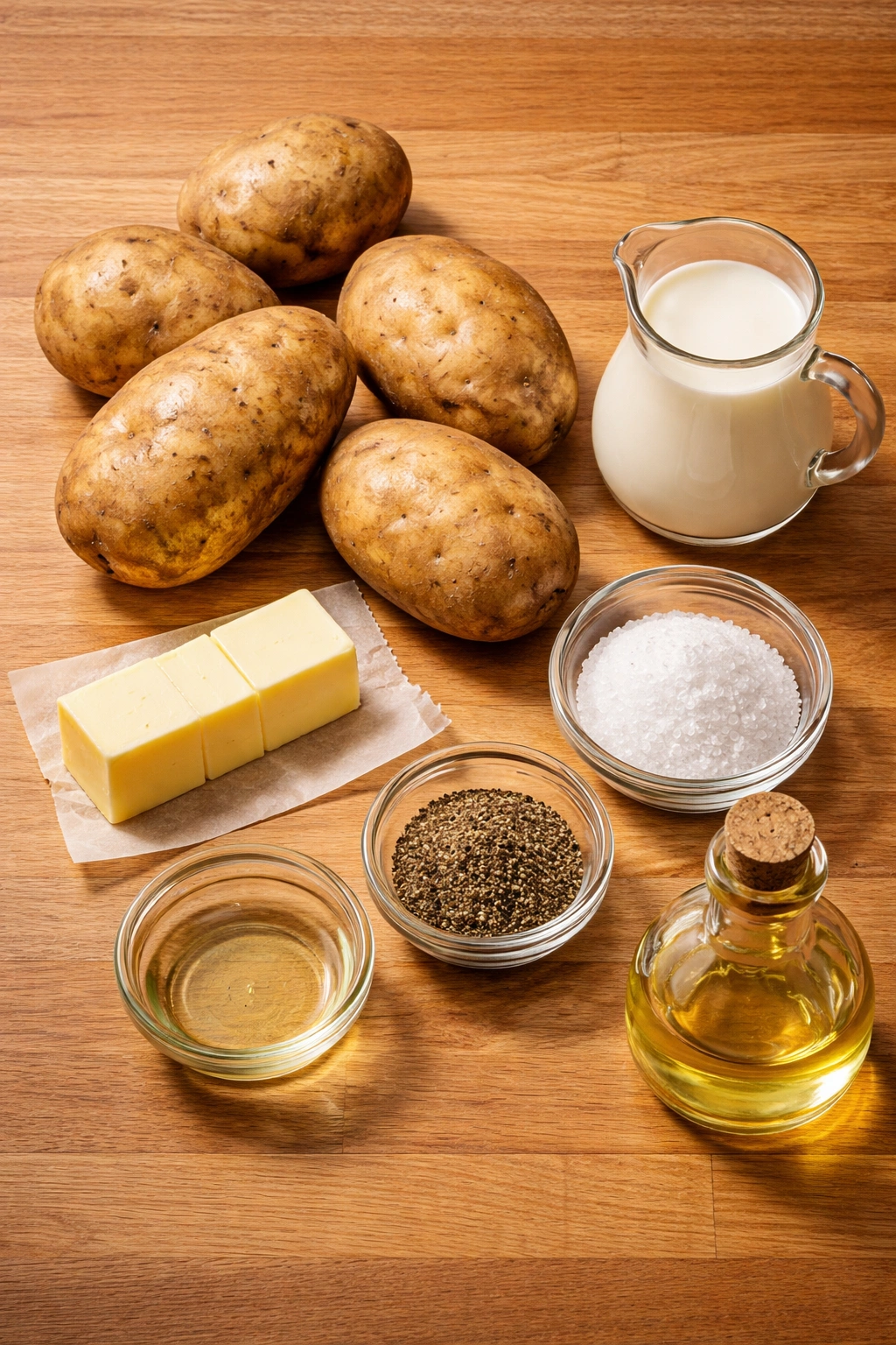 Top-down view of russet potatoes, butter, cream, salt, pepper, and oil arranged on wood