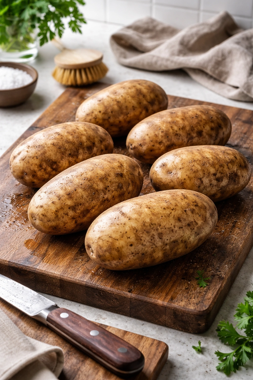 Russet potatoes on a cutting board ready for washing and prep.