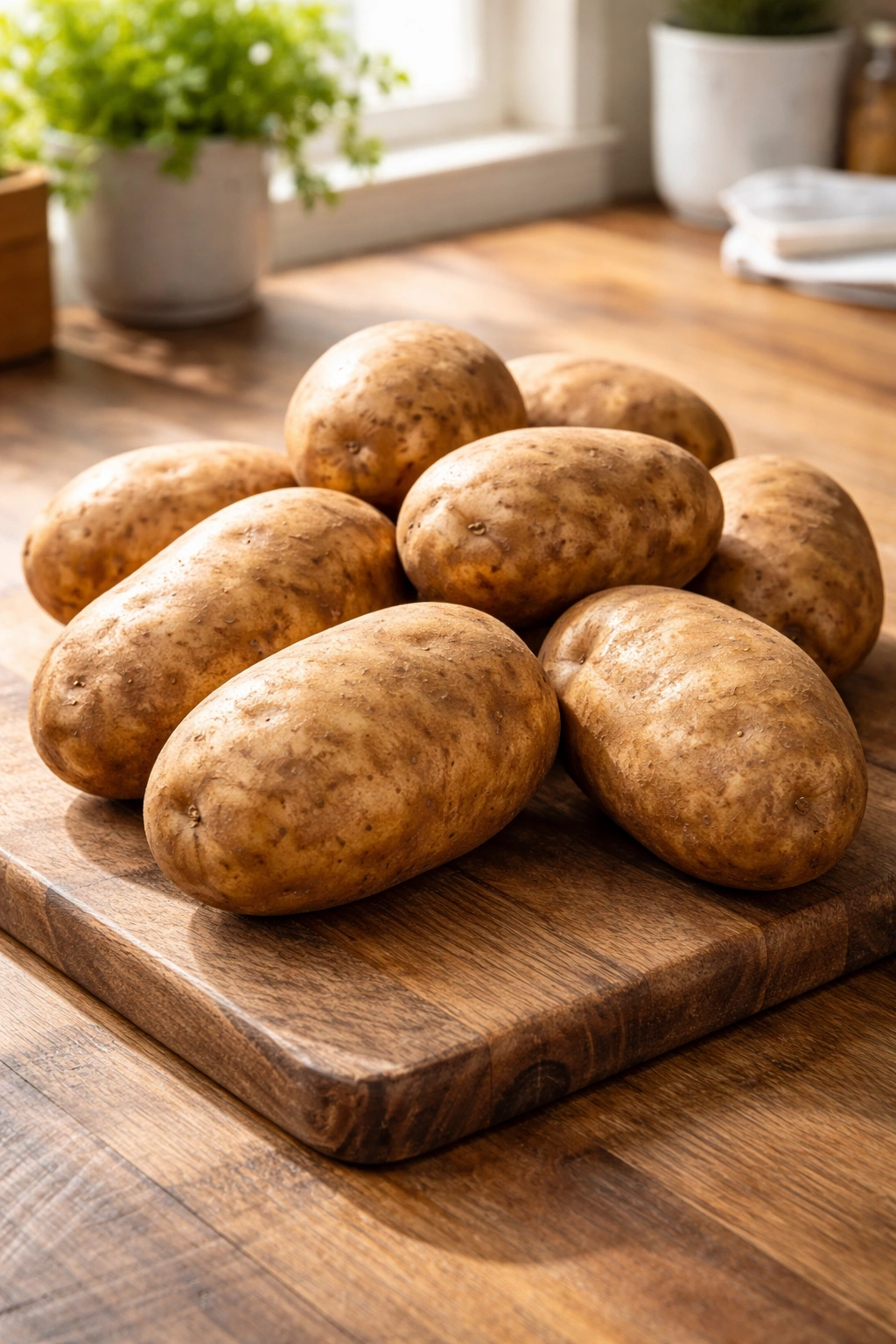 Russet potatoes with unblemished skin on a wooden surface