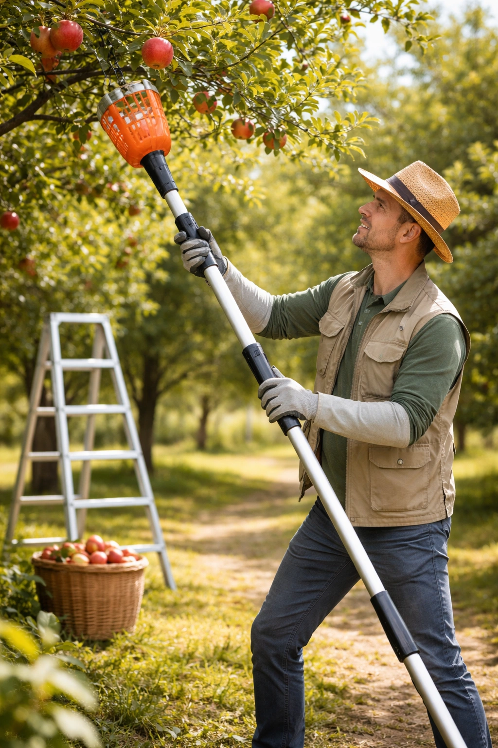 Gardener using a fruit-picking pole with protective gear in an orchard