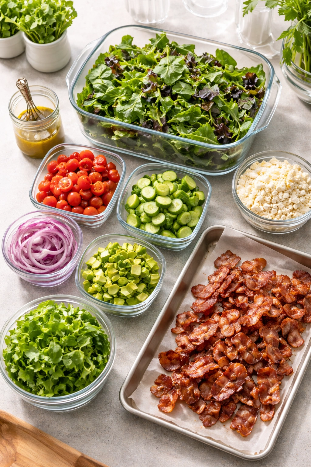 Glass containers with greens and vegetables, and a tray of crispy bacon ready for ahead prep.