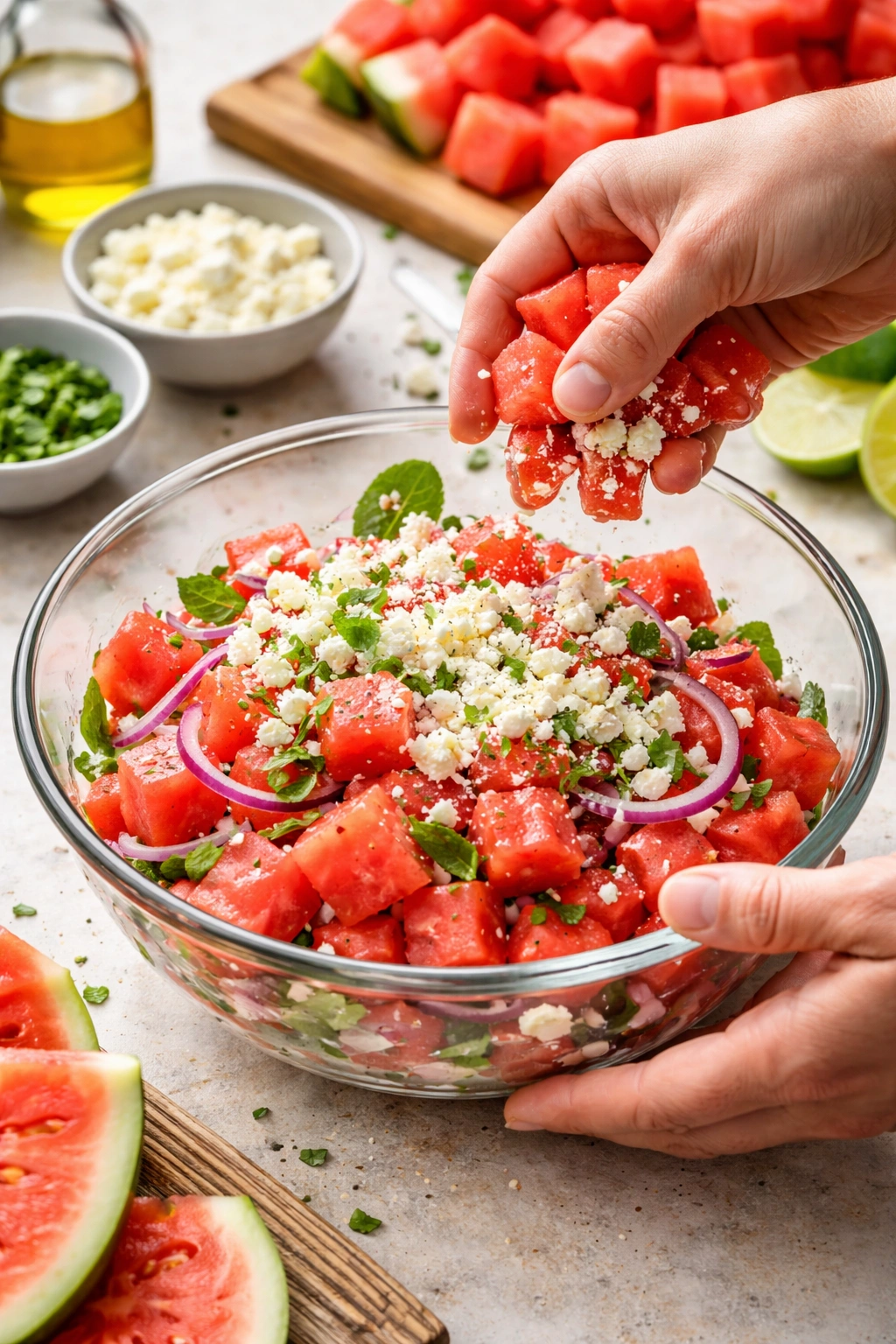 Hands assembling watermelon feta salad in a glass bowl showing layered ingredients