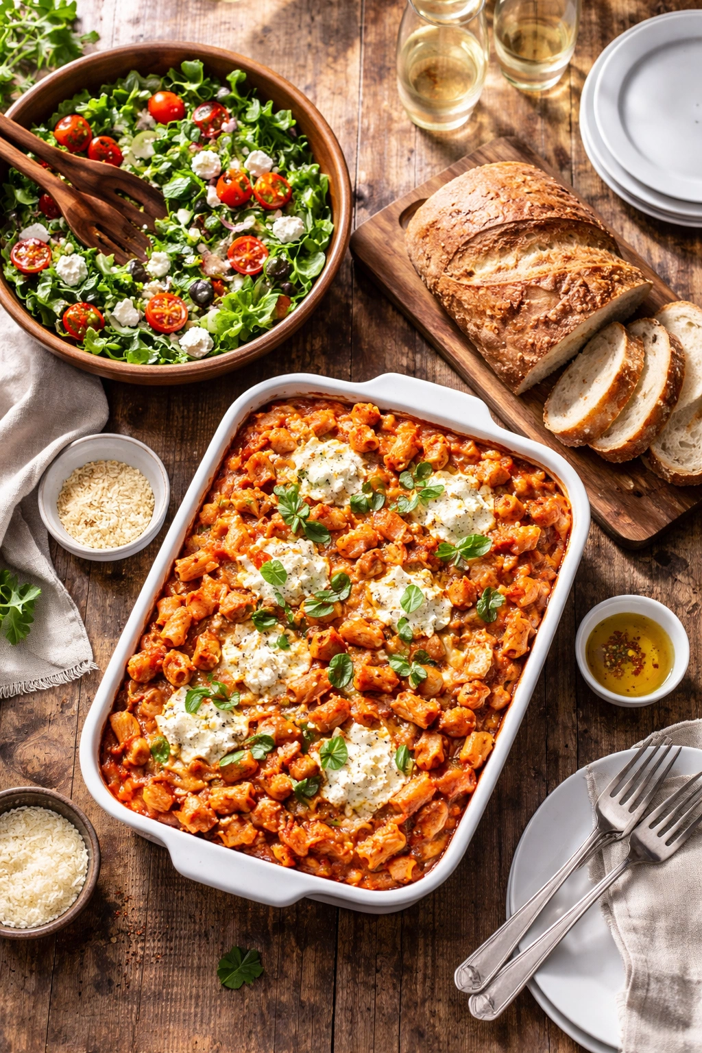Large bowl of mixed greens and a crusty loaf on a rustic wooden table