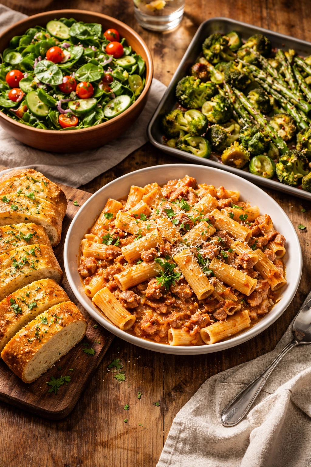 Rustic table with spinach salad, garlic bread, and roasted vegetables as sides