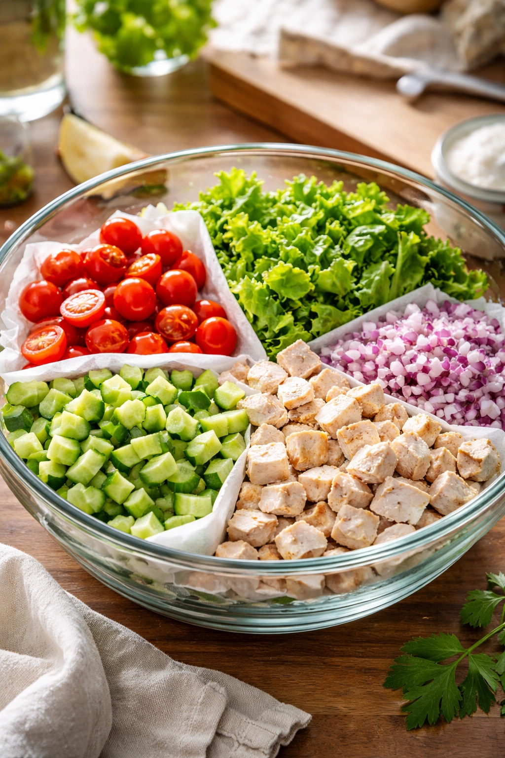 Close-up of crisp drained salad components separated to prevent sogginess