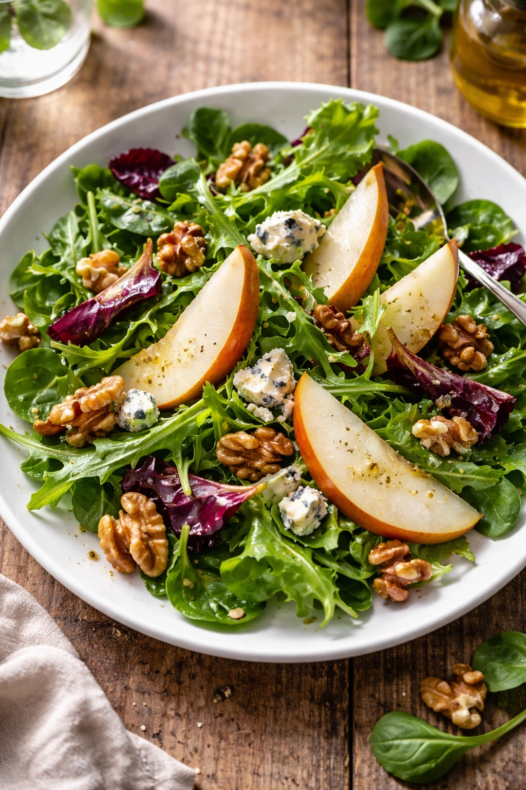 Vibrant salad with greens, pear, gorgonzola, and walnuts on a plate