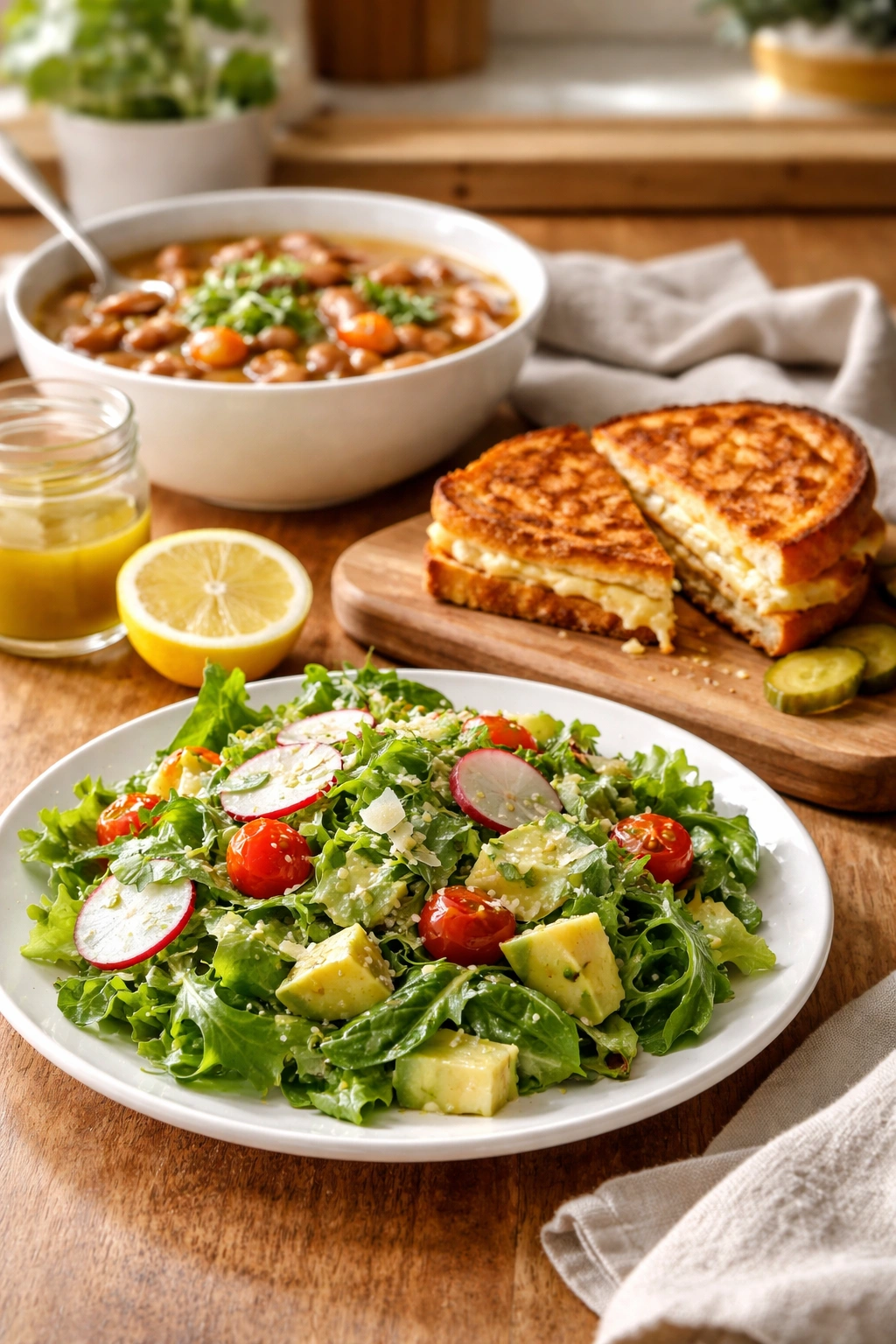Green salad with lemon vinaigrette and grilled cheese sandwich as soup pairing