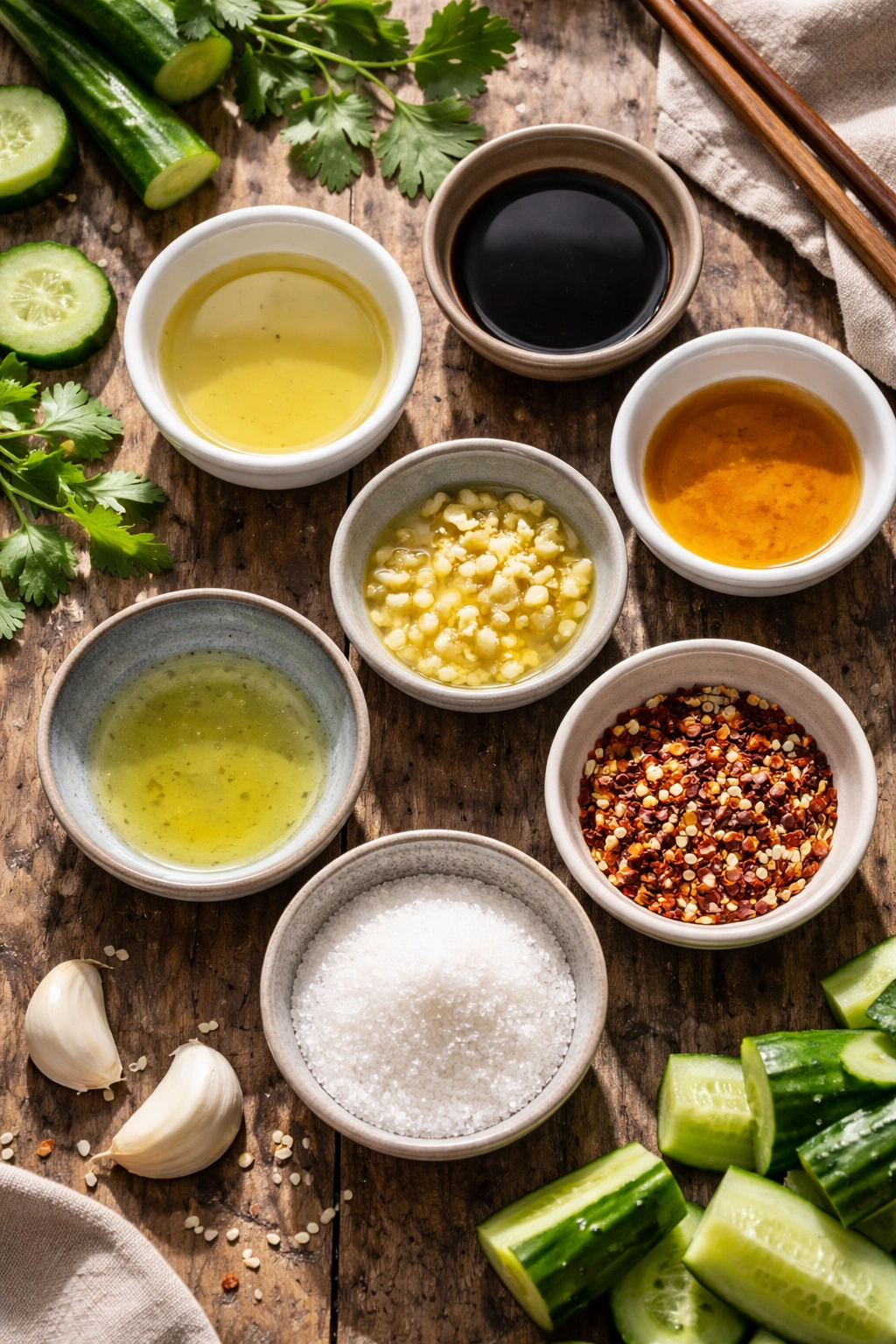 Flat lay of salad dressing ingredients including vinegar, soy sauce, sesame oil, garlic, chili flakes, sugar