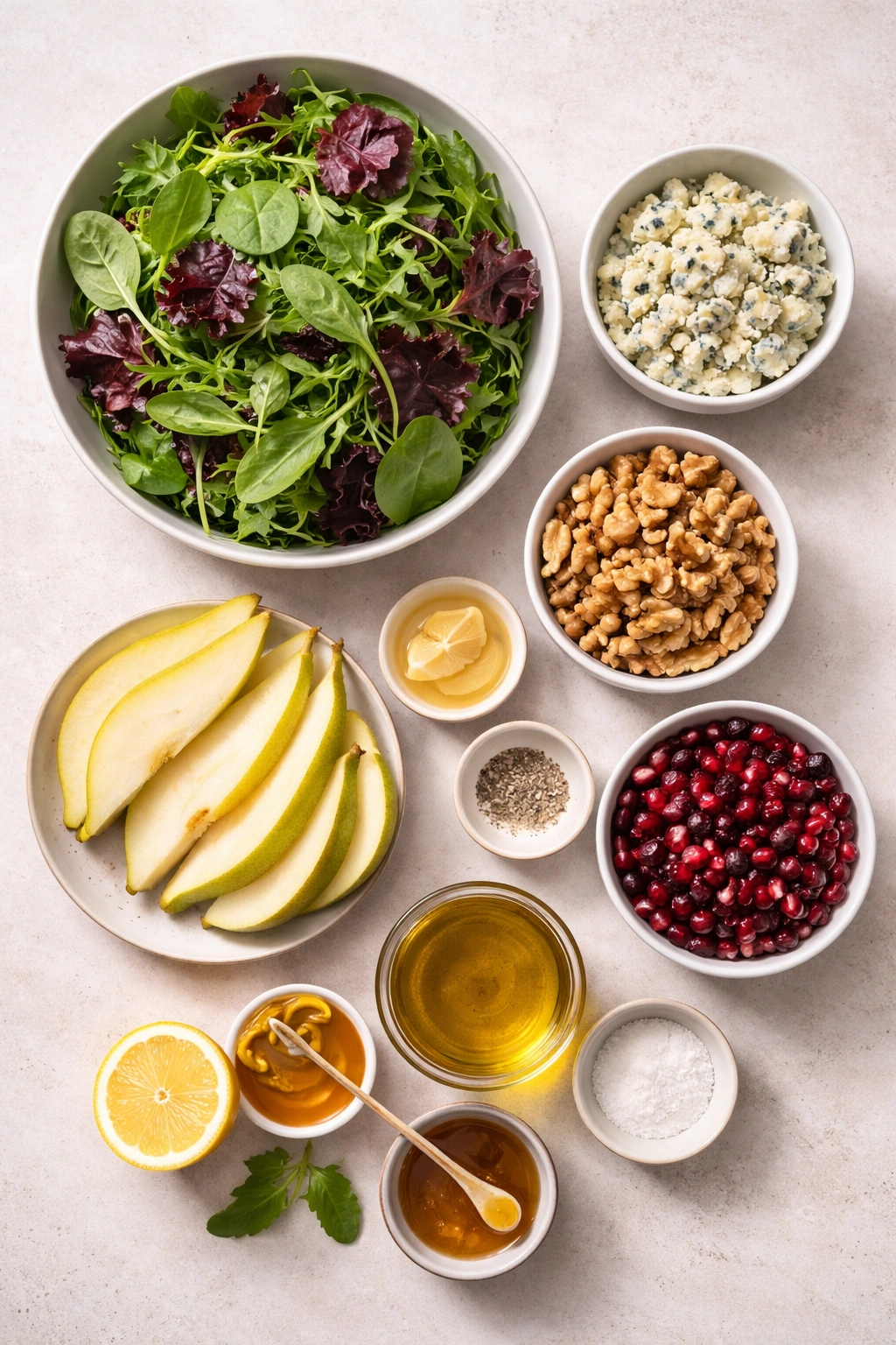 Top-down view of salad ingredients: greens, gorgonzola, walnuts, pears, pomegranate arils, cranberries.