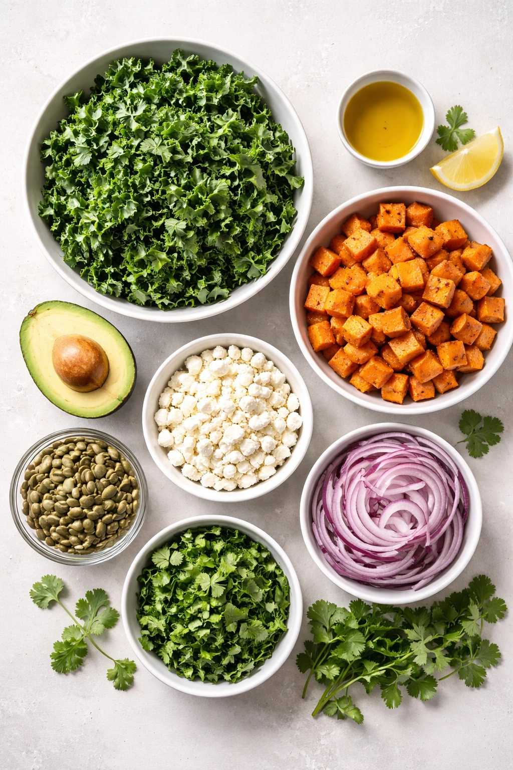Top-down spread of kale, sweet potatoes, avocado, pepitas, feta, red onion, and cilantro.