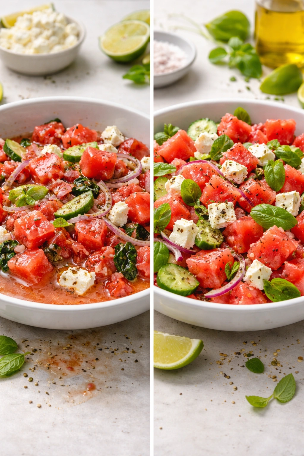 Two bowls contrasting salad textures: sloppy vs crisp